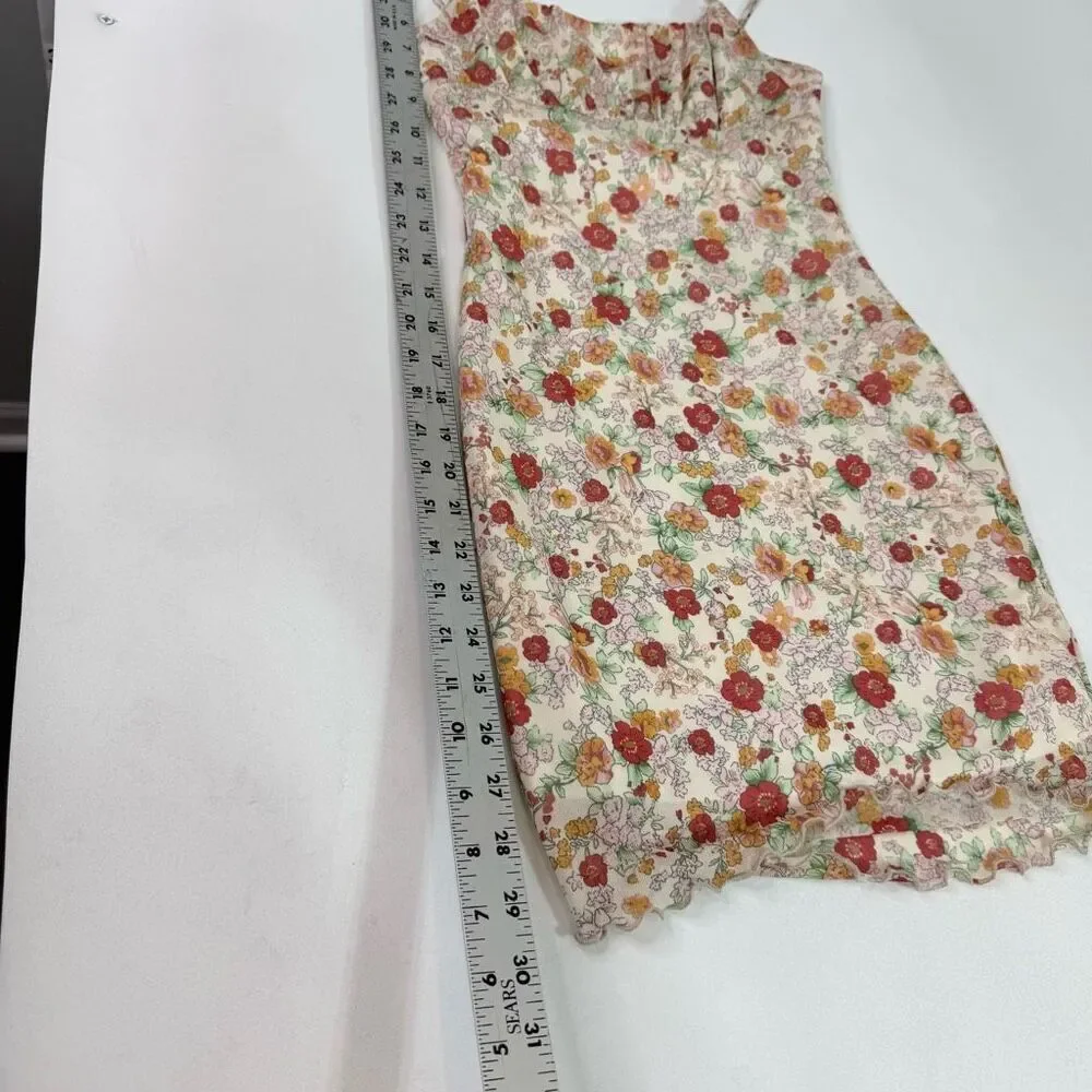 Liz & Sara Mini Dress Womens Medium Tan Floral Y2K Lined Smocked Crepe Milkmaid - Picture 2 of 9